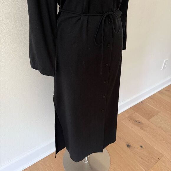 Ozma Mal Pais Duster Dress Size Large Black Raw Silk Cupro Button Front Belted - Picture 6 of 14